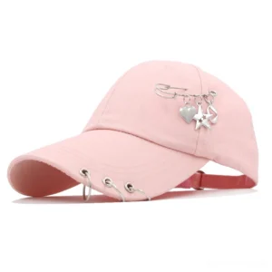 Pink adjustable gothic baseball cap with silver chain piercing detail