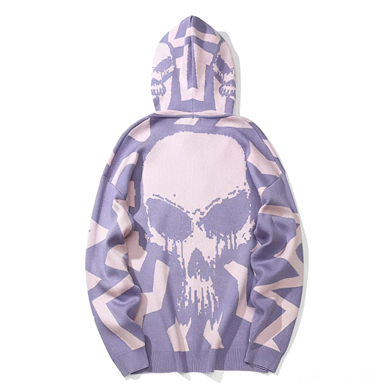 Pink skull geometric pattern hoodie back view - pale purple knit with geometric skull design back graphic