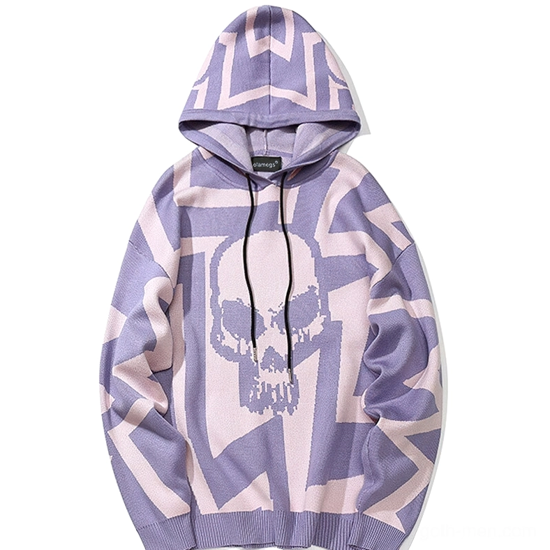 Pink gothic skull print hoodie front view - light purple and pink knit fabric with bold skull graphic and hood