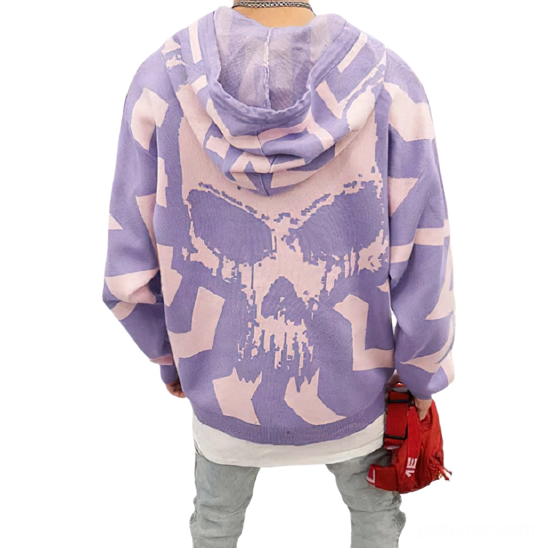 Pink skull print hoodie full back view - light purple aesthetic hoodie with large geometric skull graphic