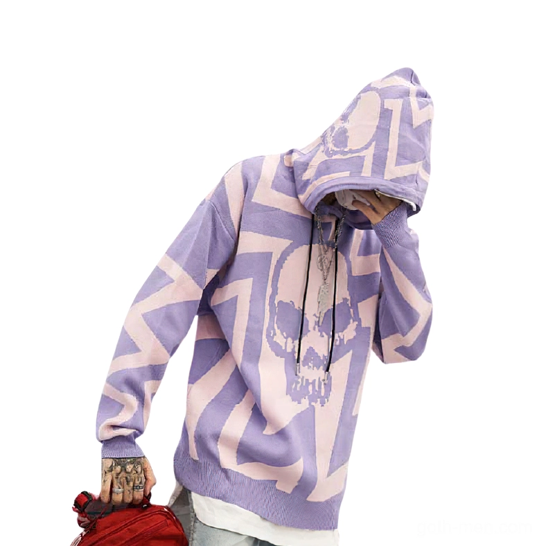 Pink gothic skull hoodie street style - male model wearing purple-pink knit hoodie with skull print and accessories