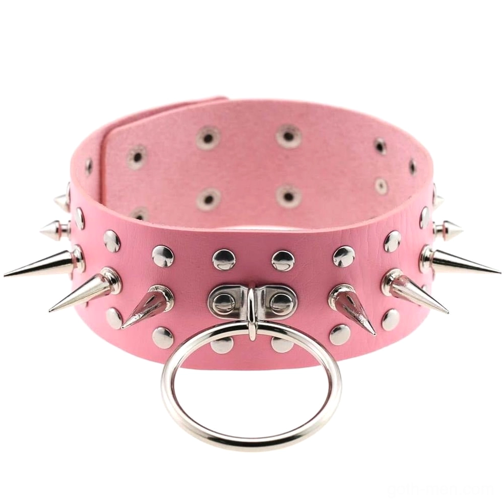 Pink oversized leather choker with prominent metal spikes and band detail front flat lay