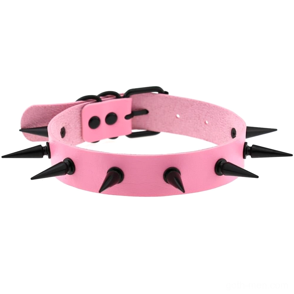 Pink leather spiked choker collar with black metal geometric spikes, gothic fashion