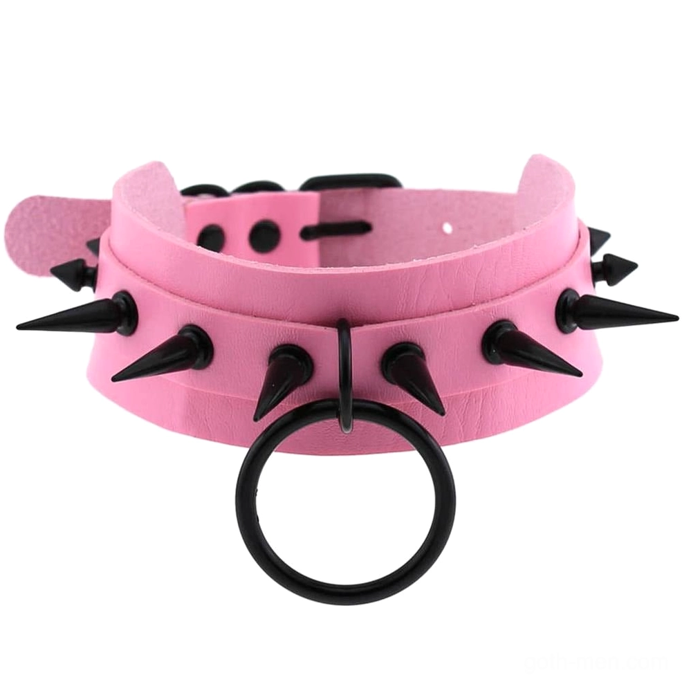 Pink studded leather choker with black spike decorations - alternative fashion neck collar