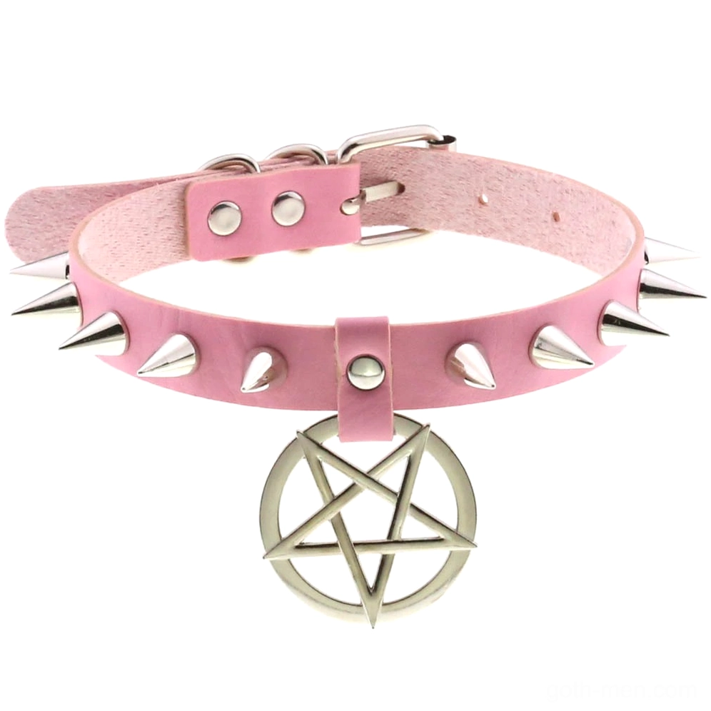 Pink spiked leather choker with pentagram pendant and silver metal spikes