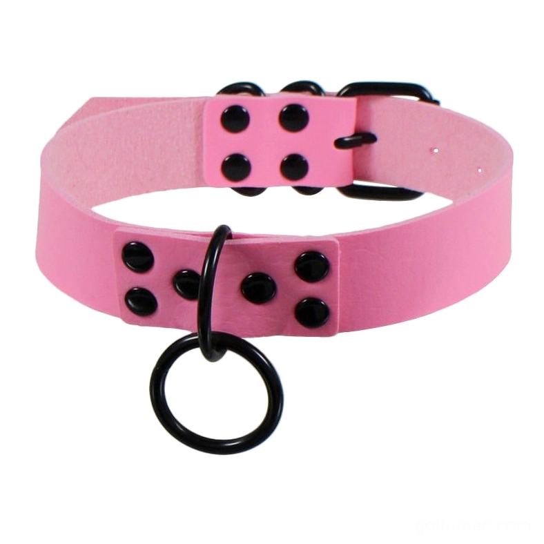 Pink thick PU leather gothic choker with dual metal studs and industrial O-ring design