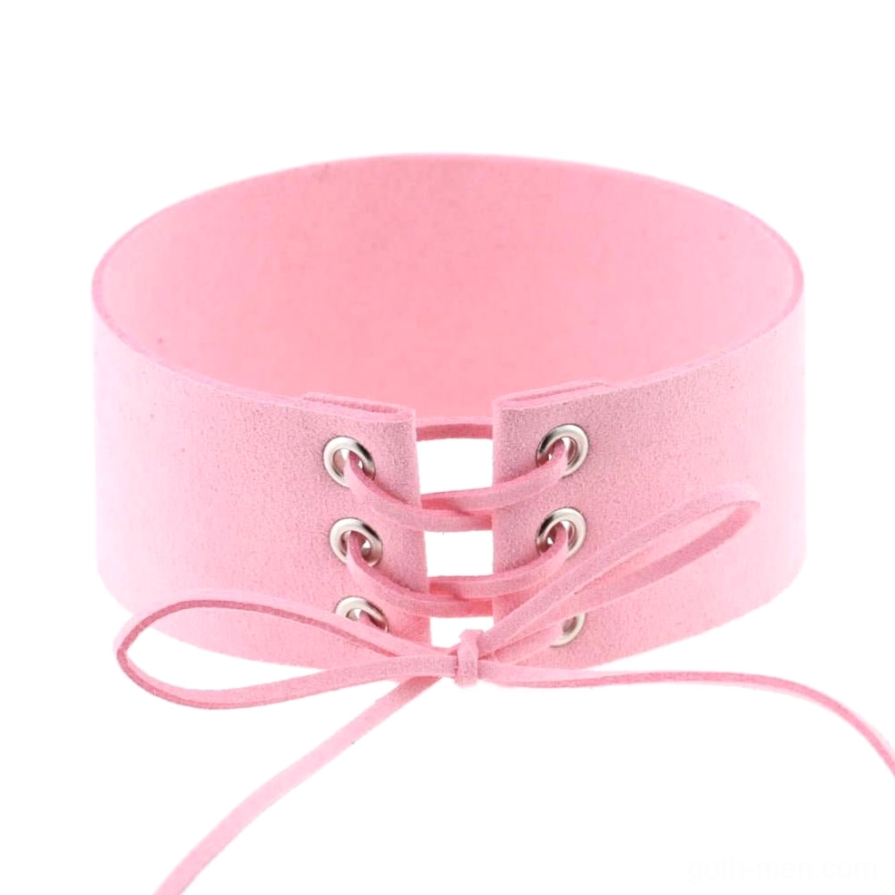 Pink suede velvet lace-up gothic choker necklace with adjustable closure