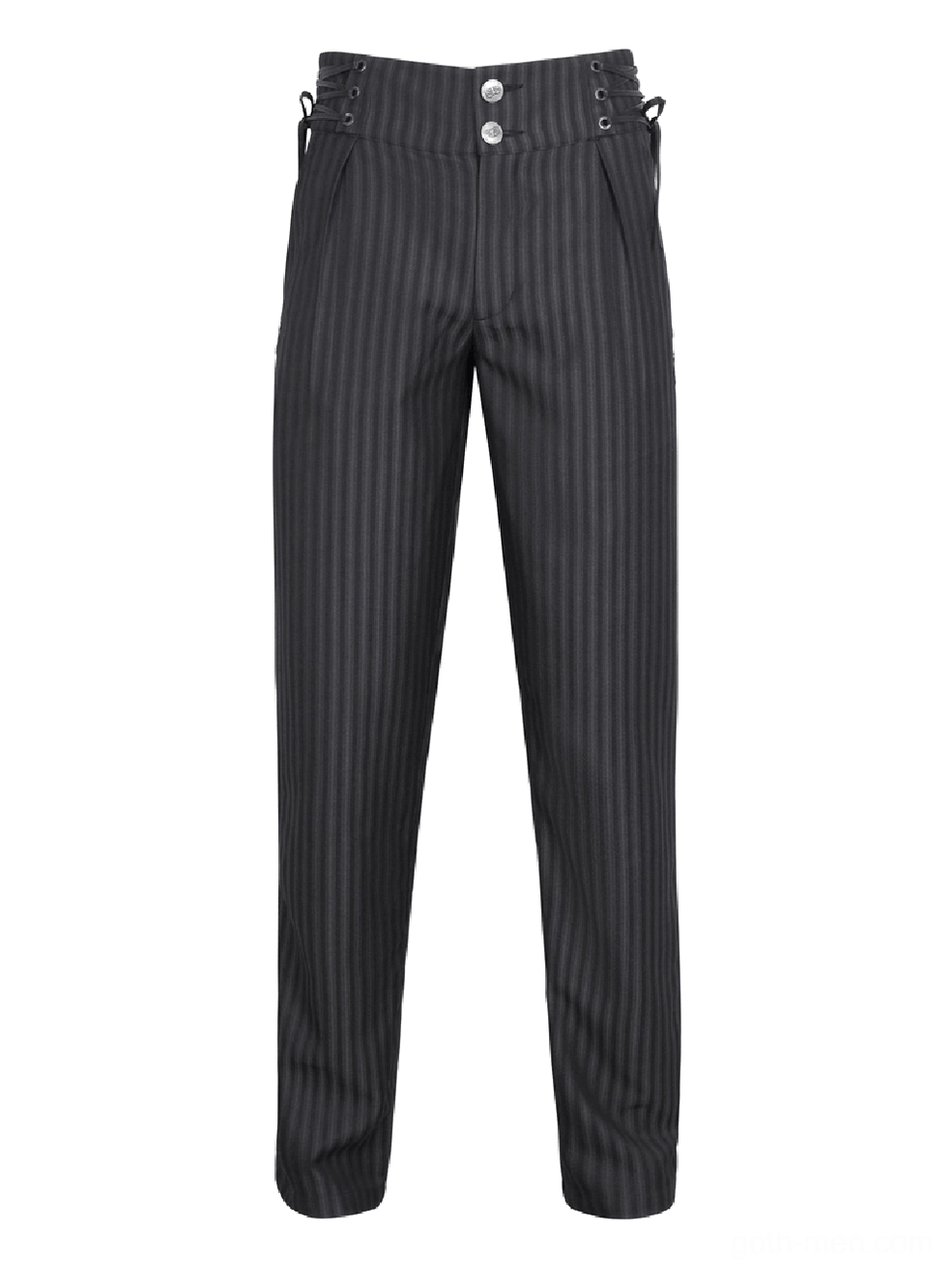 Flat lay display of black grey pinstriped high-waisted gothic trousers showing full length and straight-leg cut