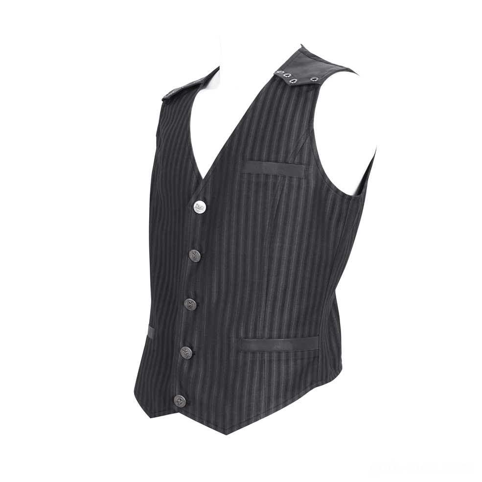 Black gothic waistcoat on mannequin torso showing v-neck chest pockets and button front