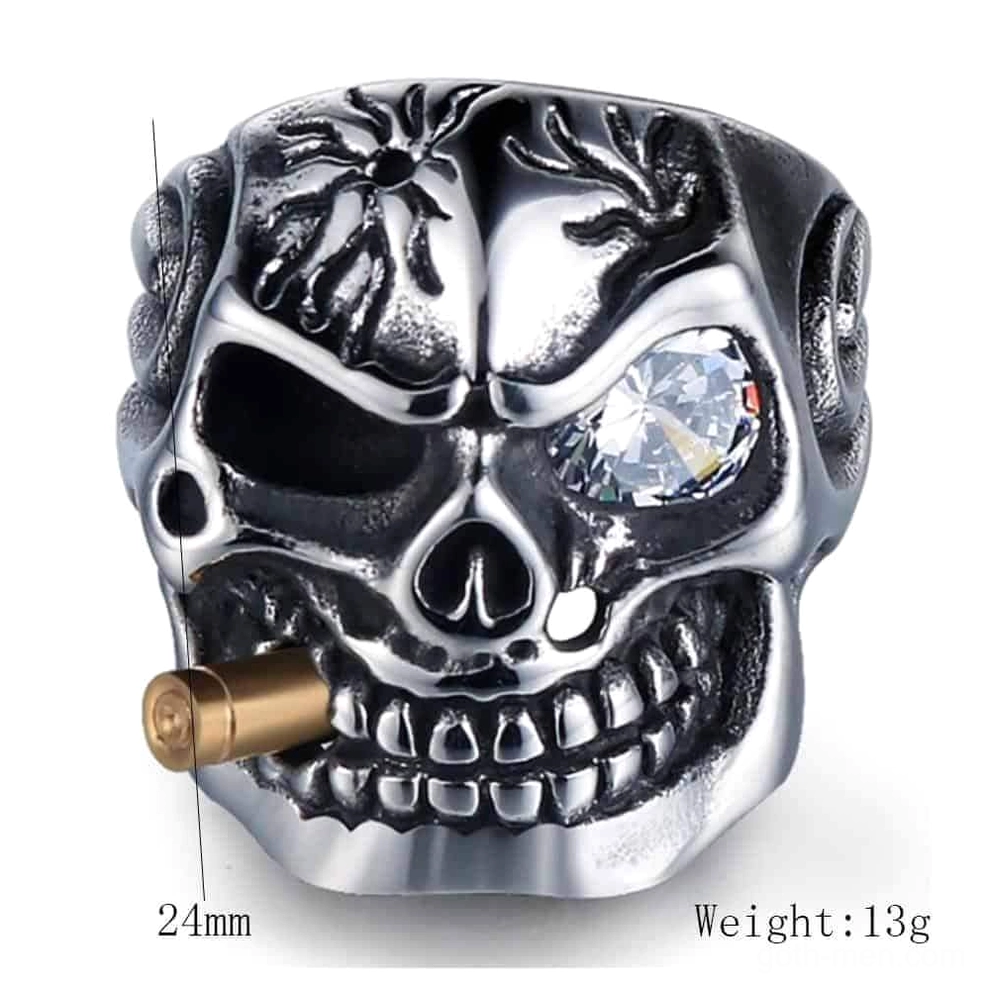 Stainless steel skull pirate ring front view with specifications 24mm width 13g weight mood tracker crystal