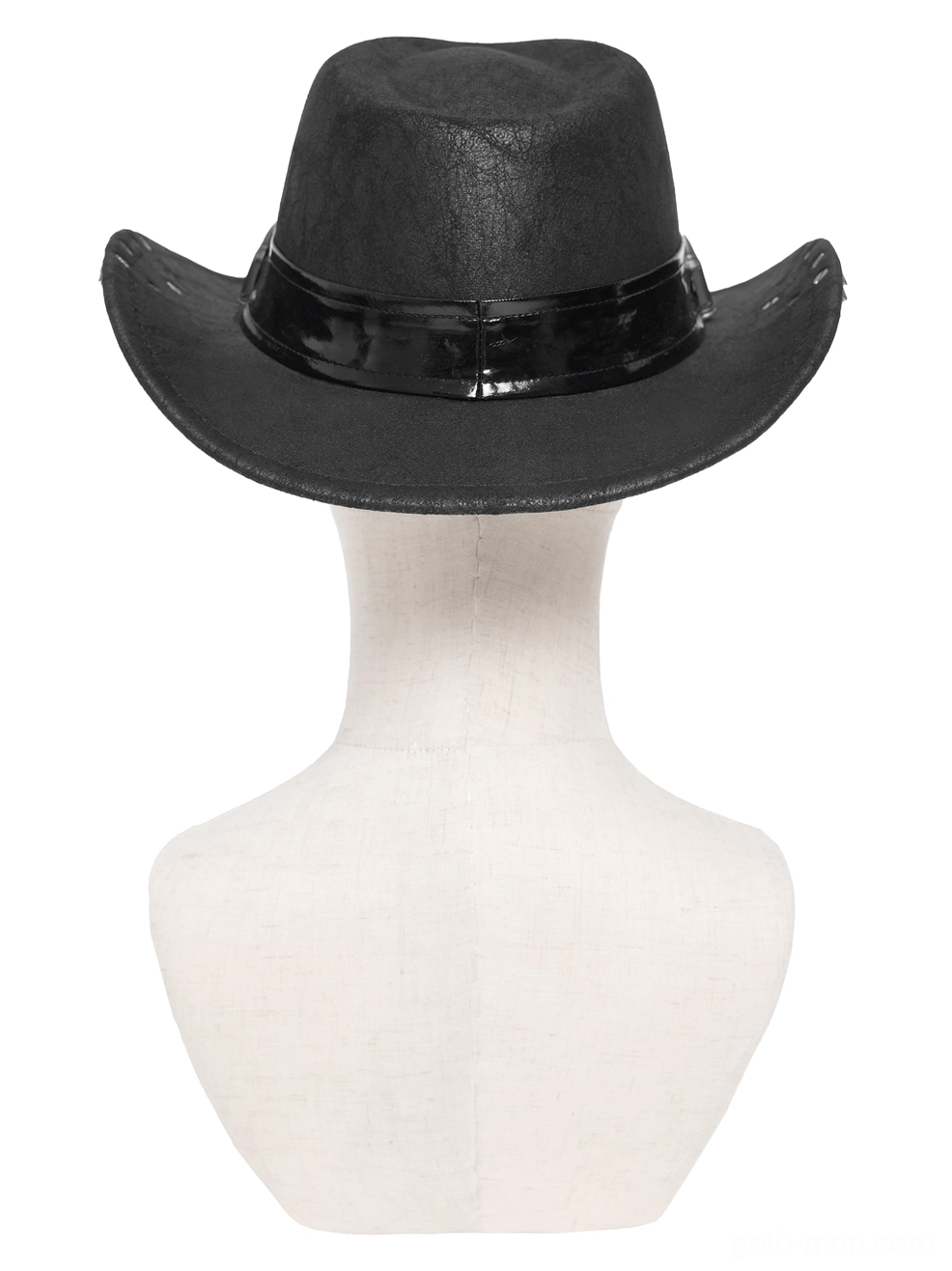Black plain band gothic western cowboy hat rear view on white mannequin head smooth leather finish