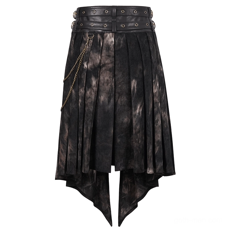 Pleated gothic men's half skirt with waist belts and metal chain decoration - product display front