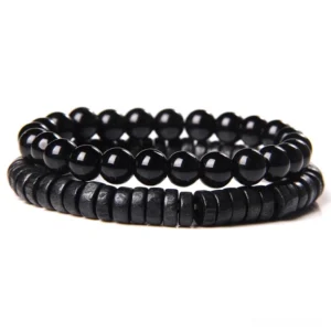 Polished black obsidian beaded gothic bracelet with glossy round stone beads and flat spacer accents, gothic jewelry for men and women