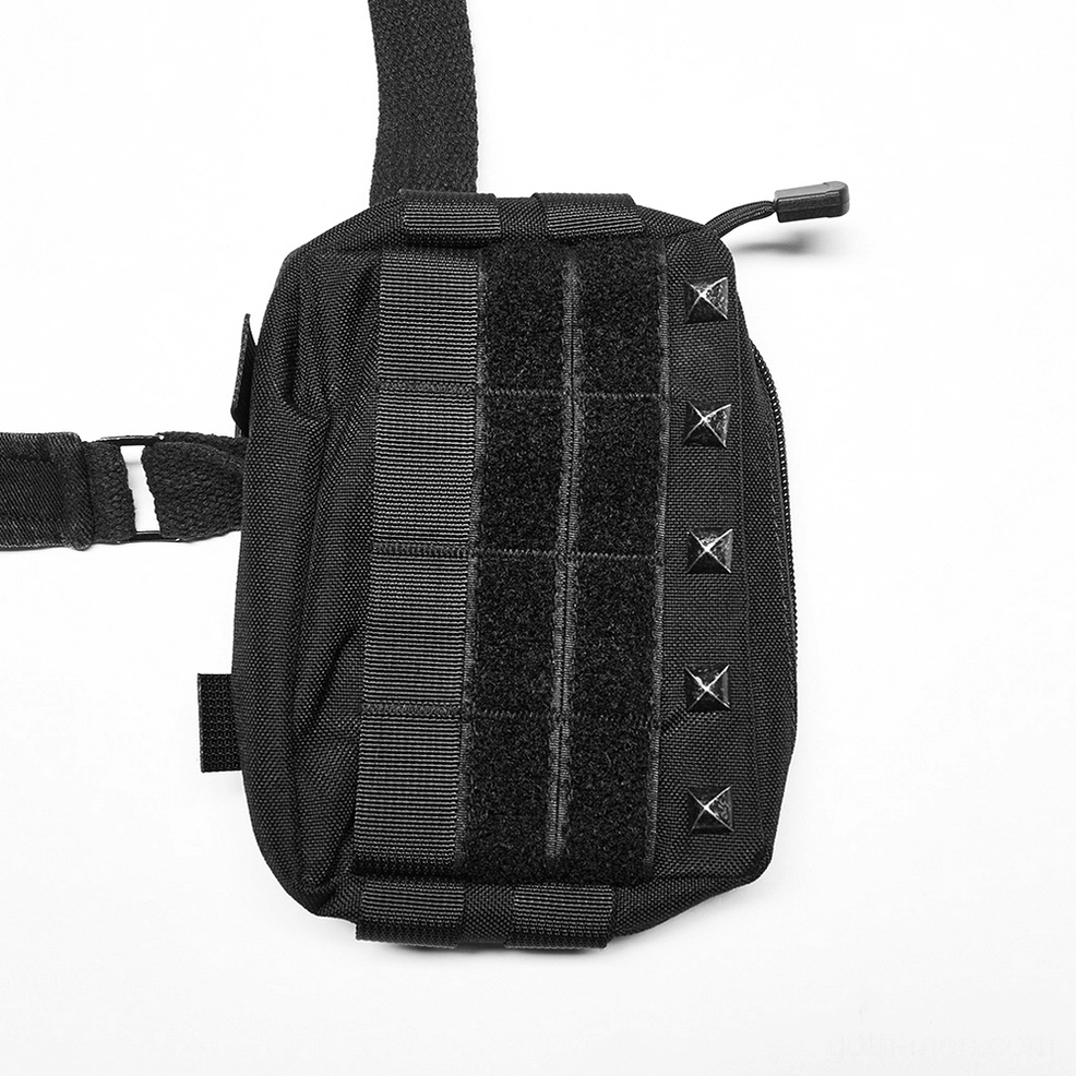 Detachable waist pouch front closeup, molle webbing and hook-and-loop panels with pyramid stud embellishments