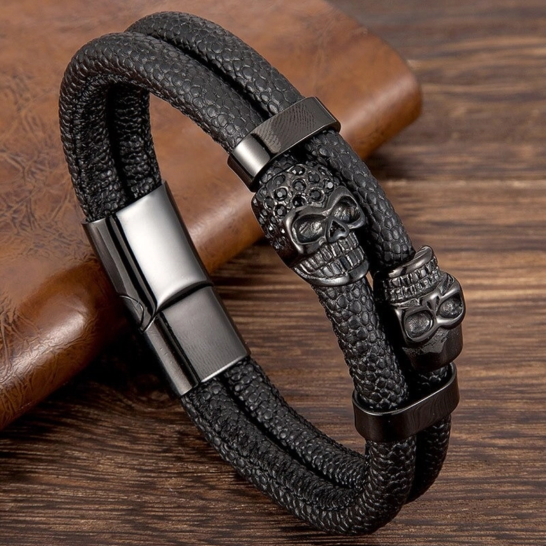 Black leather stainless steel magnetic skull bracelet for men, premium quality genuine leather with skull clasp detail