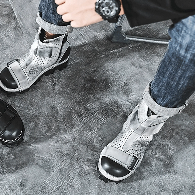 Premium leather craftsmanship visible in gothic punk boots showing attention to detail and quality construction