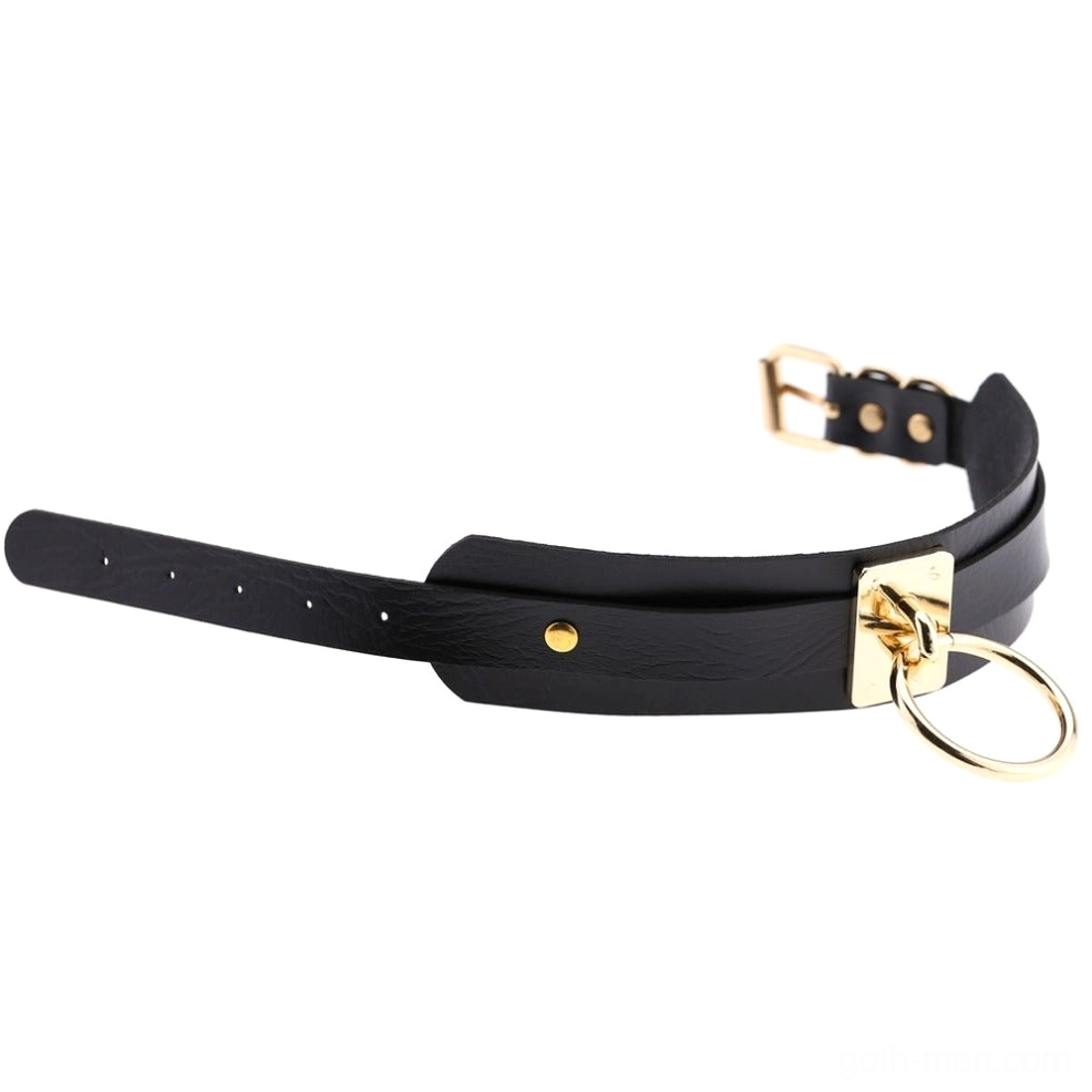 PU leather bondage choker detail shot showing gold O-ring and buckle adjustment mechanism