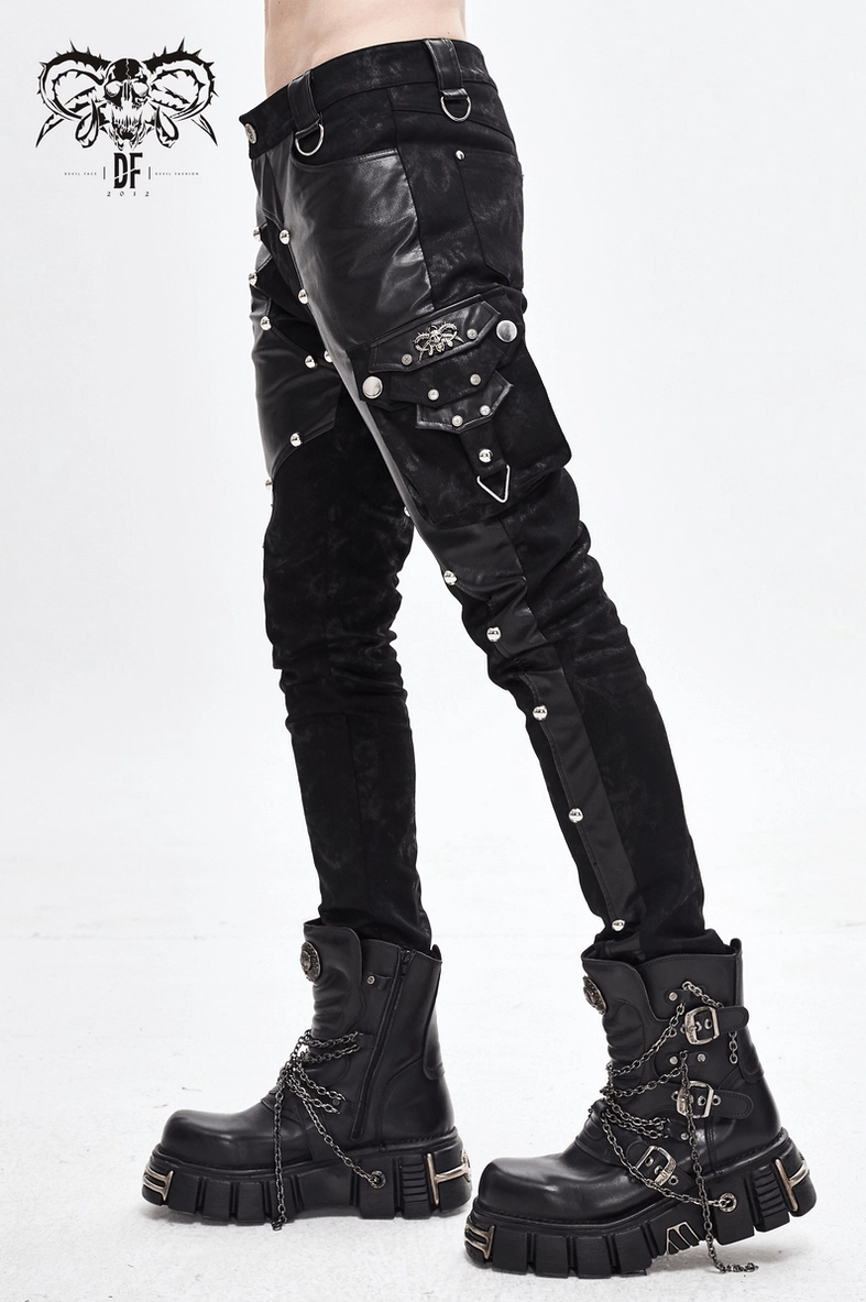Punk leather cargo pants back detail - metal rivets, faux leather splicing, and side cargo pocket structure