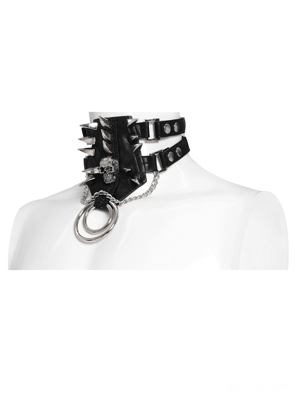 Punk leather choker with multi-strap design, metal spikes and skull decoration, mannequin side view