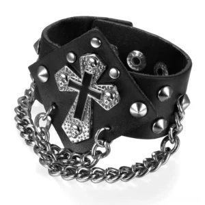 Punk gothic bracelet side angle showing adjustable snap closure and double-safety clasps
