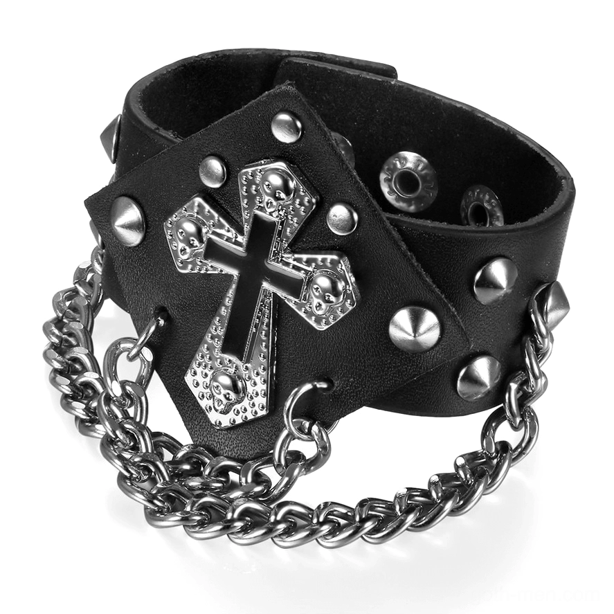 Punk gothic bracelet side angle showing adjustable snap closure and double-safety clasps