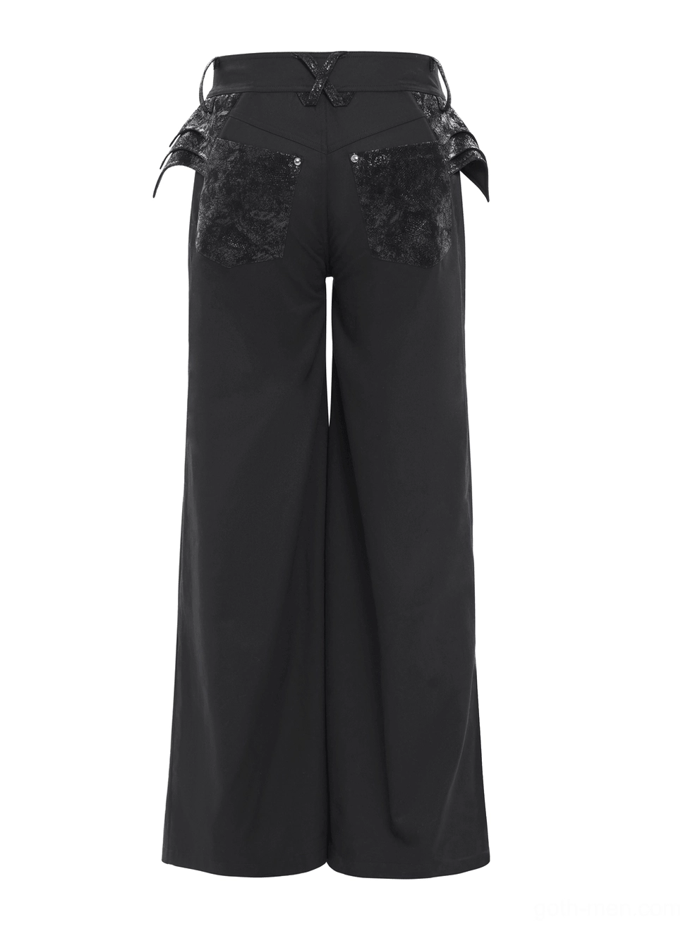 Black punk cyberpunk wide leg trousers with chain details and flared silhouette - three-quarter view