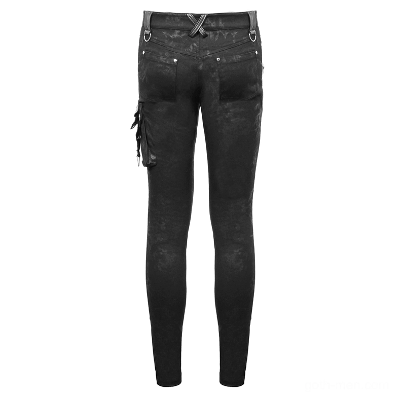Black punk style denim trousers rear view - cross belt loop and faded fabric with side cargo pocket