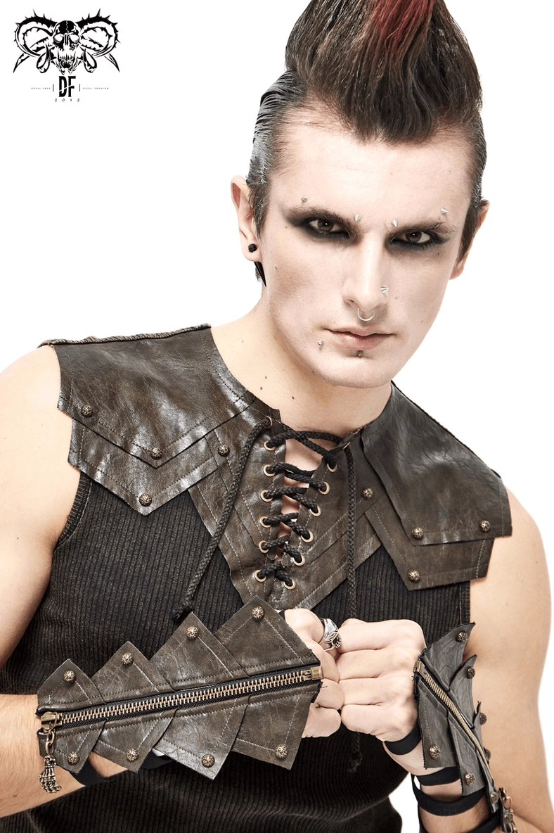 Male model with mohawk wearing brown gothic fingerless gloves and lace-up leather shoulder armor