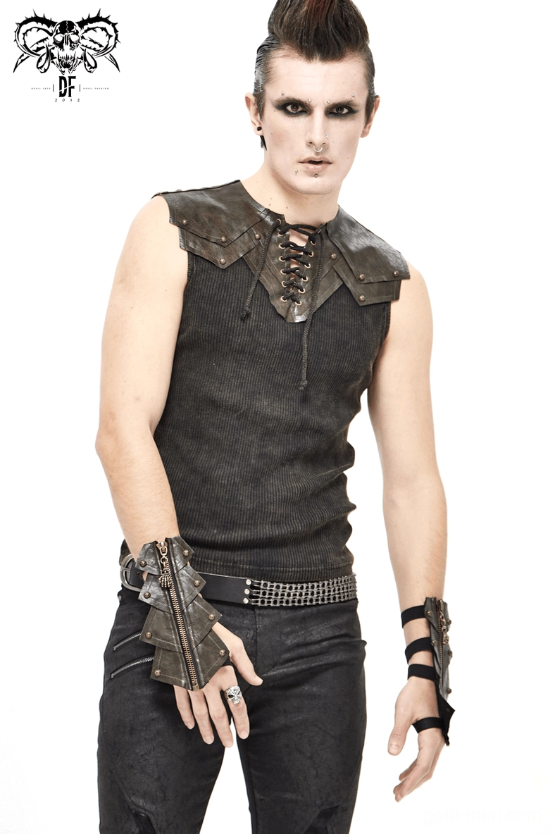 Punk style fingerless gloves with skull zipper detail in rich brown leather for men's gothic fashion