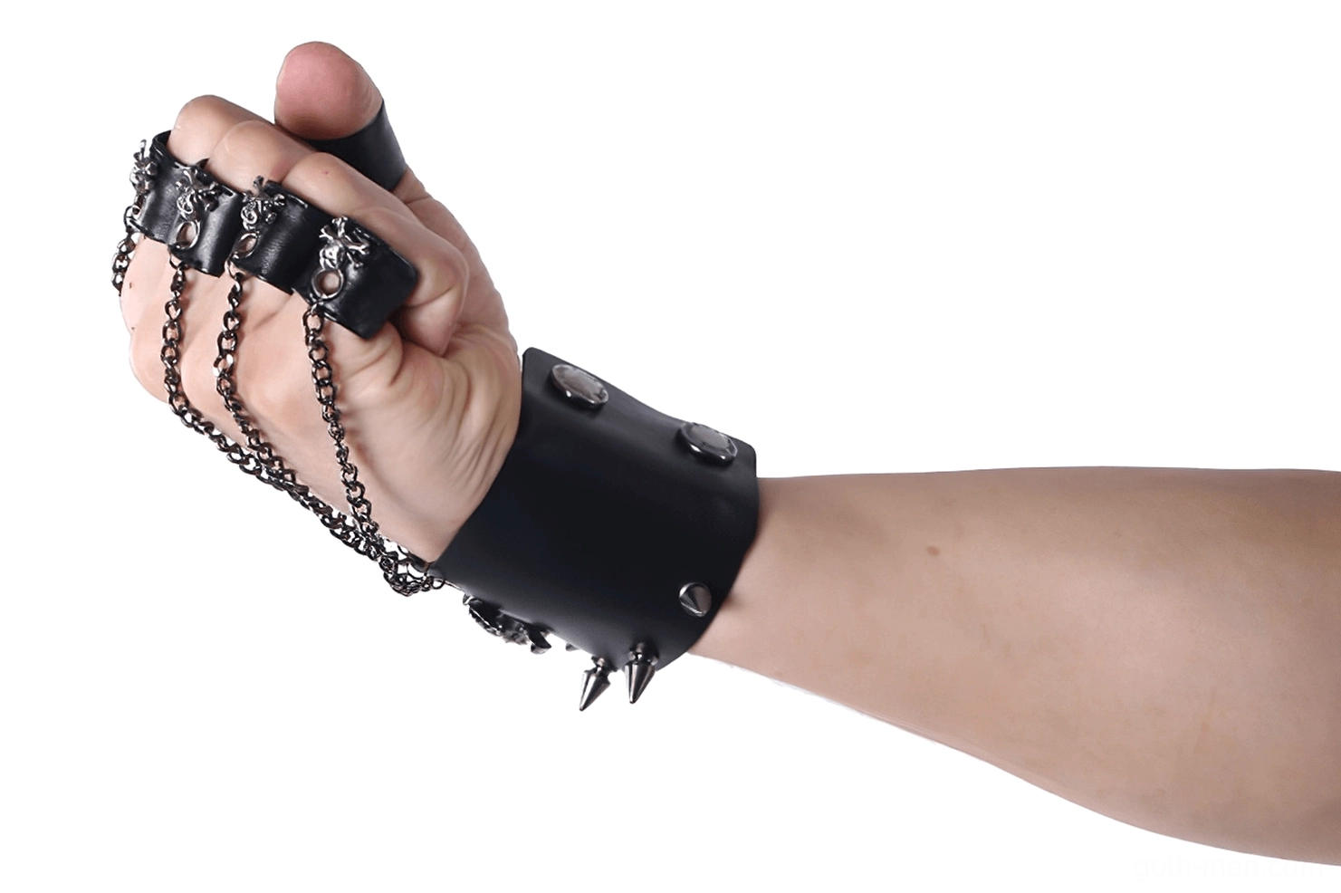 Black leather punk fingerless gloves side profile showing metal chains, spikes, and gothic skull accessories