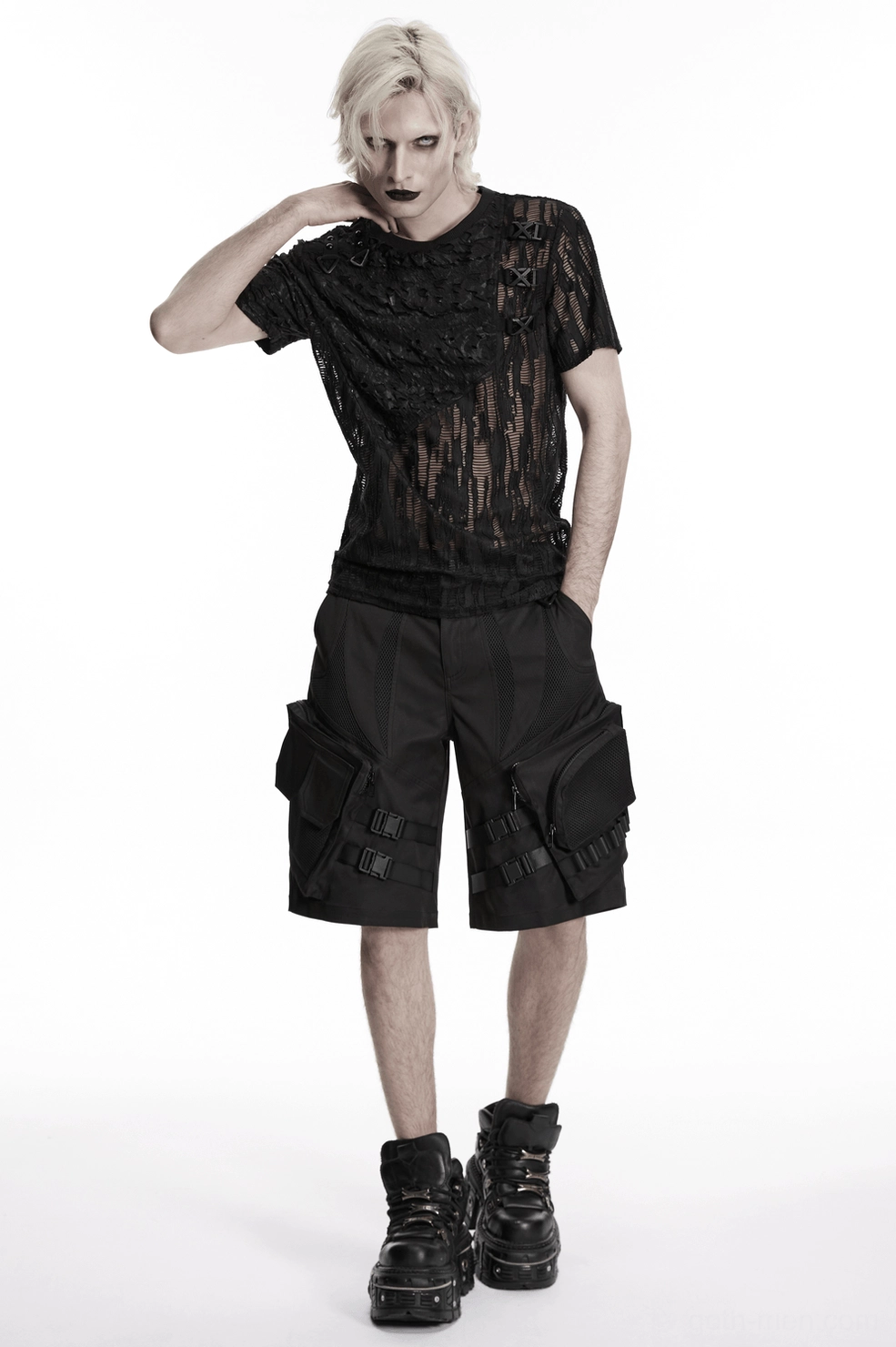 Black mesh gothic T-shirt product display showing mesh transparency, distressed knit fabric, and punk-gothic fusion design