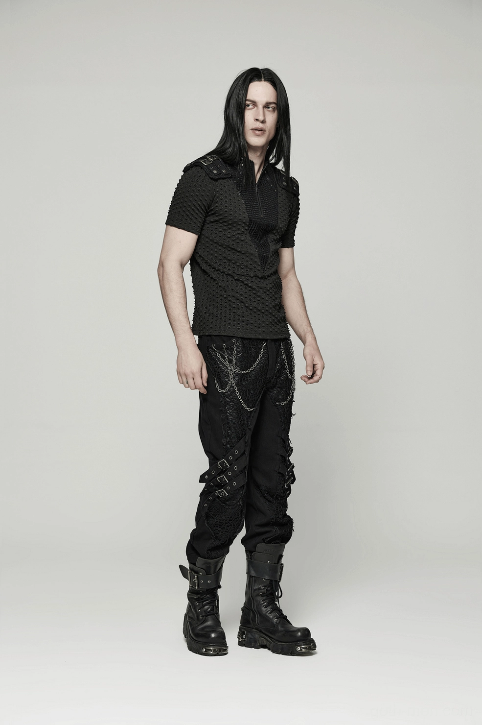 Punk gothic tactical tee with mesh paneling, riveted hardware elements, and slim-fit silhouette detail