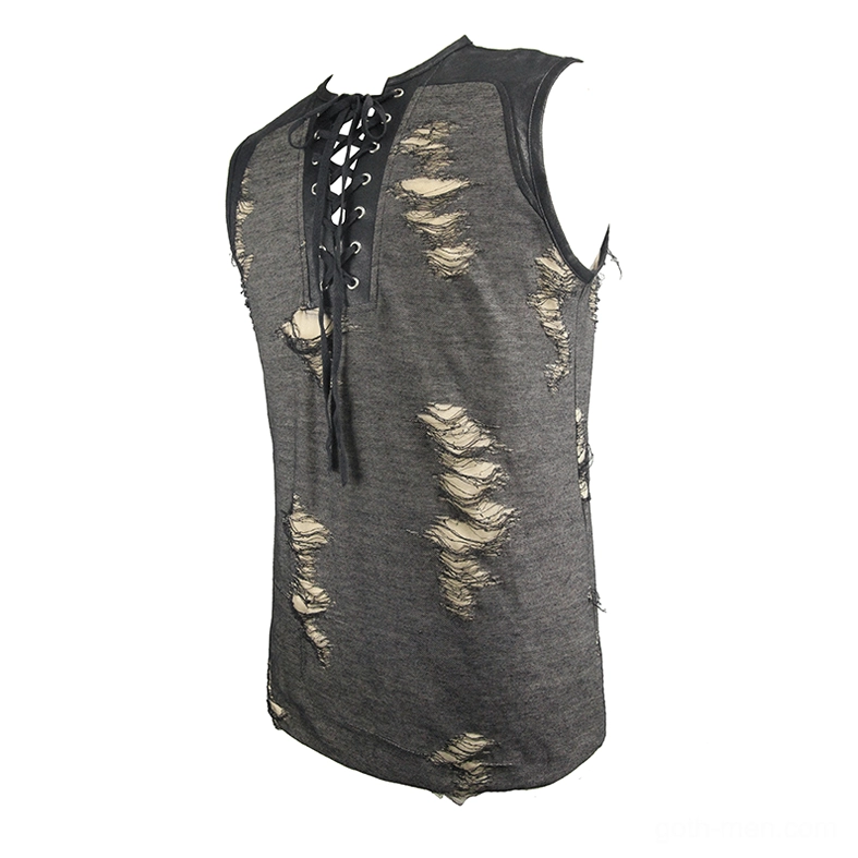 Punk gothic tank top front angled view displaying full design with frayed edges and black shoulder trim