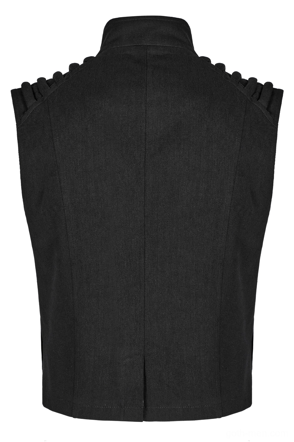 Close-up detail of black punk gothic vest pocket and stud hardware, displaying metal rivets, faux leather patch, and pocket opening