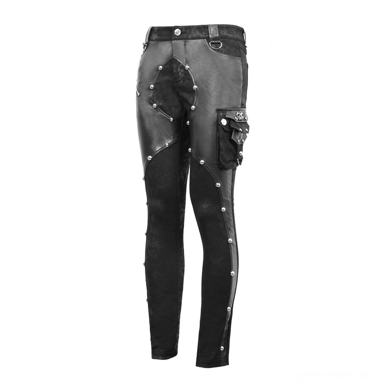 Punk mixed material trousers rear flat lay - faux leather panel with metal rivets and side cargo pocket