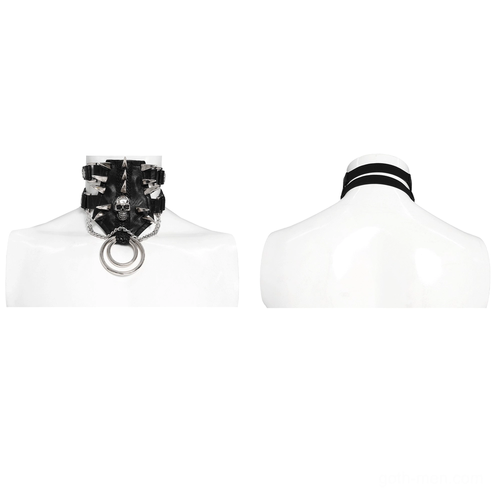 Black punk leather harness choker with skull ornament and large metal rings, mannequin front and back display