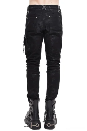 Black punk style leather pants rear view - asymmetric rivet detail and cargo pocket construction