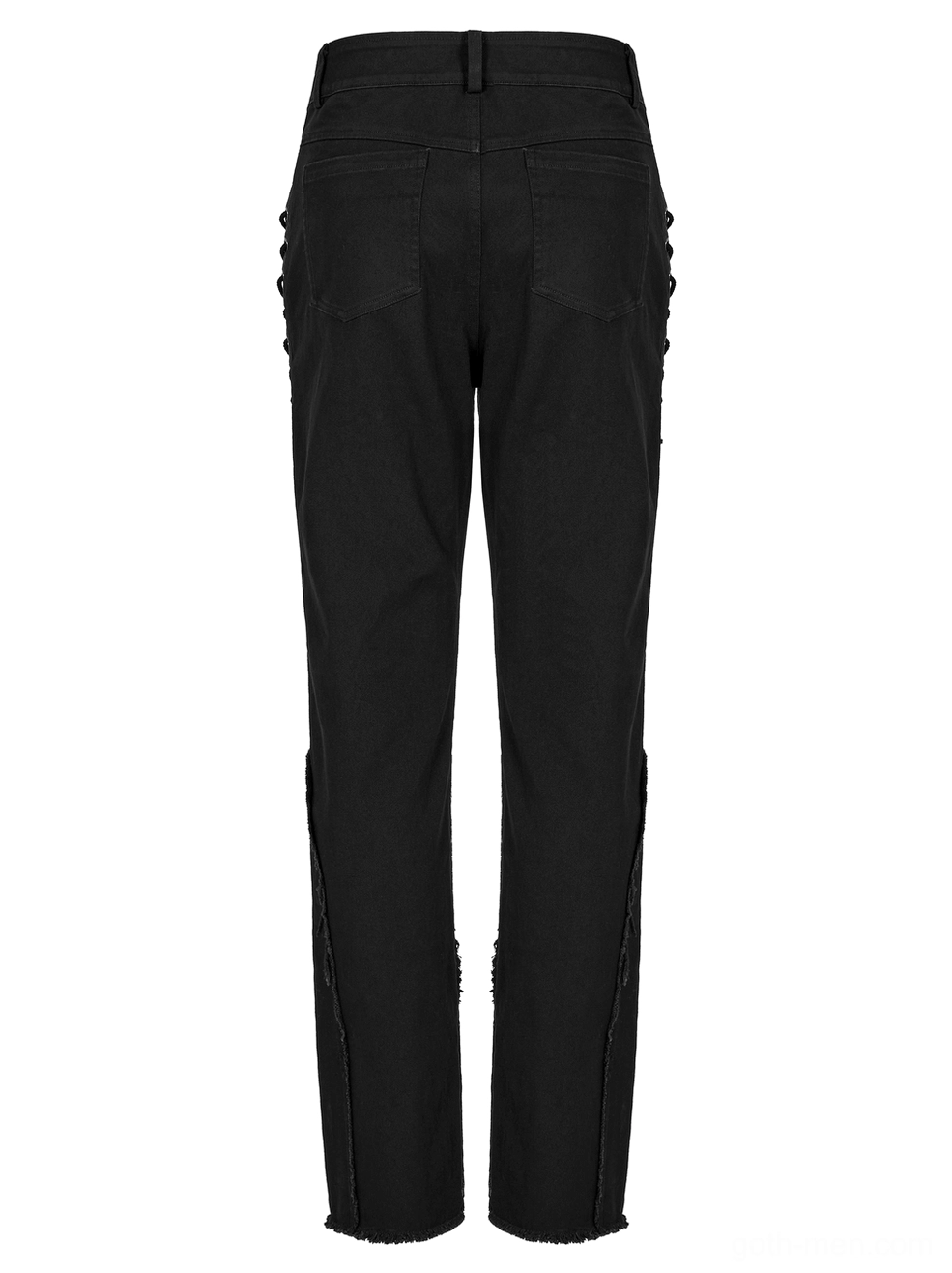 Close-up detail of black cracked leather accents and metal eyelets on gothic spider mesh pants