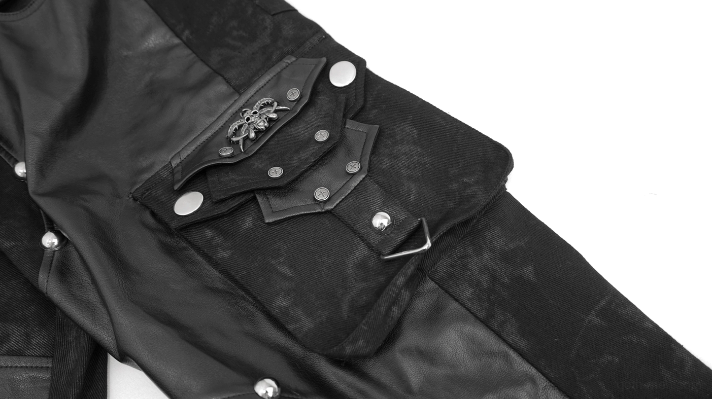 Punk rivet trousers - rear three-quarter view showcasing asymmetric faux leather placement and metal accents