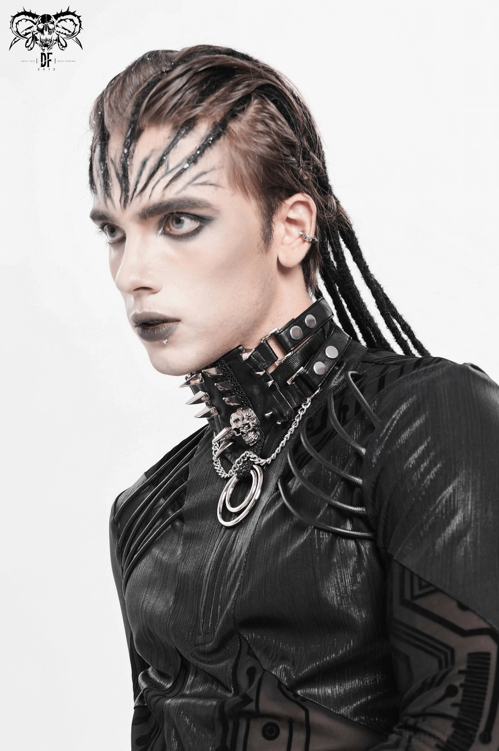 Punk rock leather choker with metal hardware and skull accents, lifestyle model shot