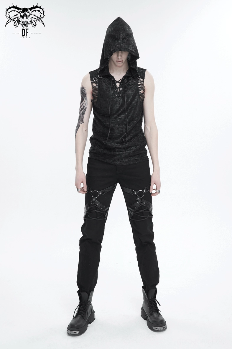 Punk rock black gothic trousers showing complete leather harness thigh strap design