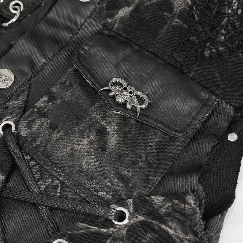 Distressed waistcoat showing mesh panels and overall asymmetrical construction detail