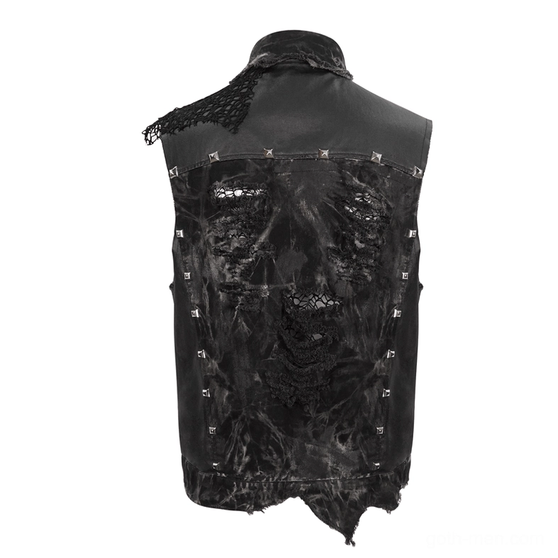 Back full view of distressed gothic waistcoat with torn tie-dye fabric and studded trim