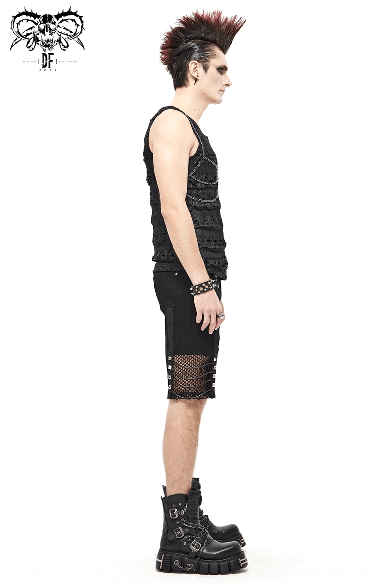 Punk rivet mesh shorts D-ring attachment points and functional design features