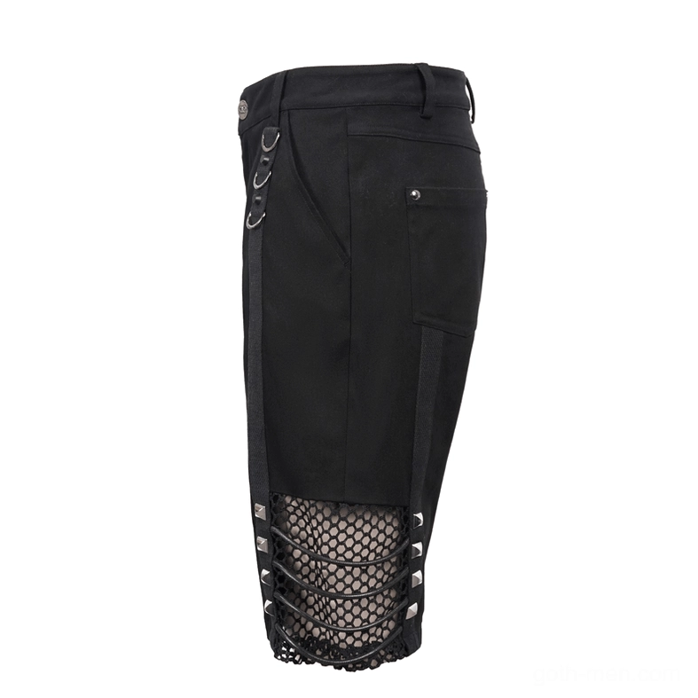 Alternative gothic shorts side flat lay showing metal D-rings and riveted fishnet trim