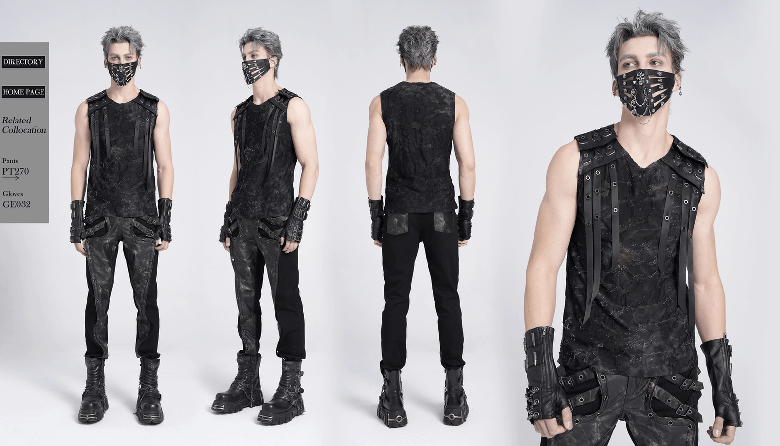 Full view distressed black punk sleeveless top with industrial eyelet shoulder strap design
