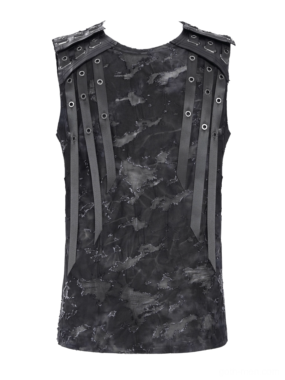 Back view flat lay of distressed black tank top showing destroyed textile and shoulder strap construction
