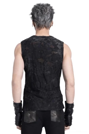 Distressed black sleeveless top rear view with rivet shoulder straps and destroyed fabric texture