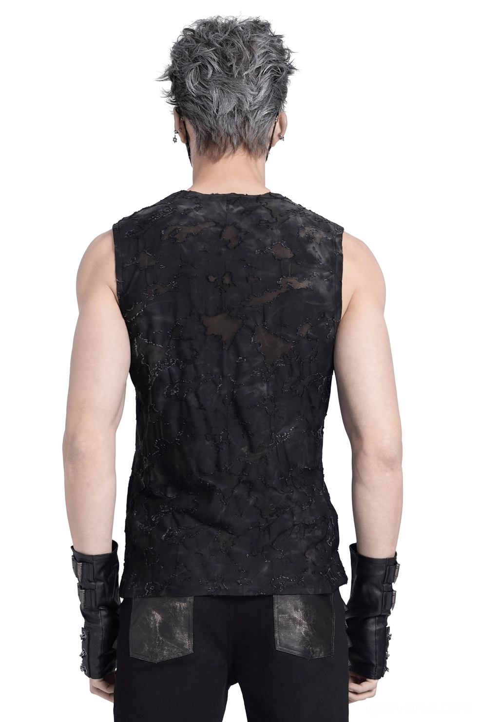 Distressed black sleeveless top rear view with rivet shoulder straps and destroyed fabric texture