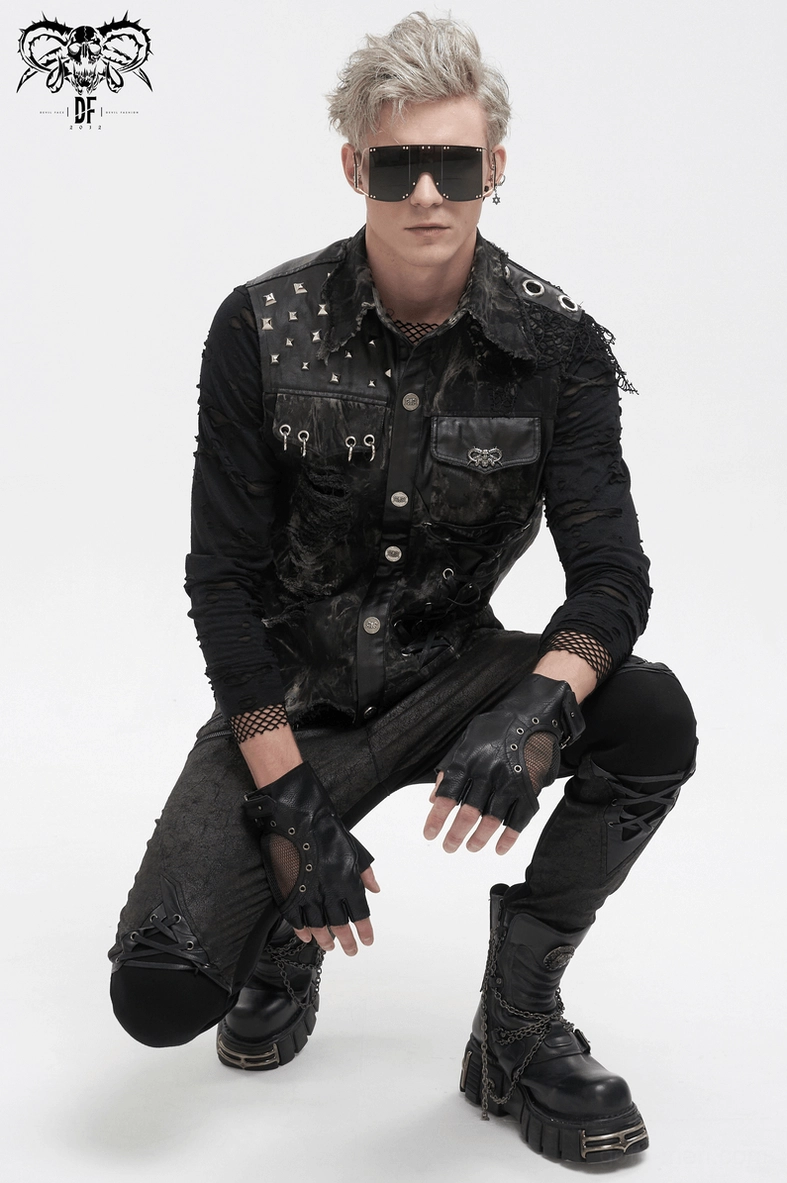 Distressed black waistcoat back view highlighting torn fabric and studded shoulder details